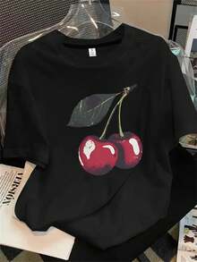 Top de mujer de manga corta y cuello redondo con estampado de cerezas negras, apto para todas las estaciones. - Negro - Ver 1
