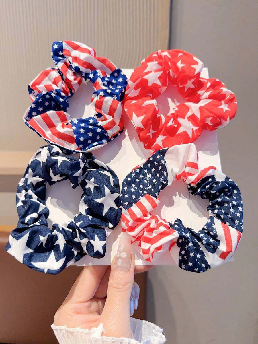 Set de 4 piezas de ligas para el cabello del Día de la Independencia, bandas elásticas con estampado de bandera estadounidense, accesorios para el cabello patrióticos en rojo, blanco y azul, adecuados para fiesta del 4 de julio, elásticos para coleta, bandas de goma - Multicolor - Ver 1