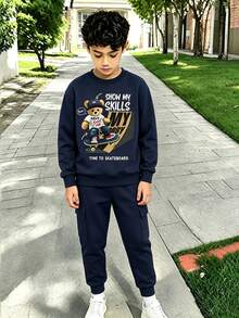 Conjunto casual de sudadera de cuello redondo con estampado de dibujos animados y pantalones de chándal para niño pequeño - azul real - Ver 1