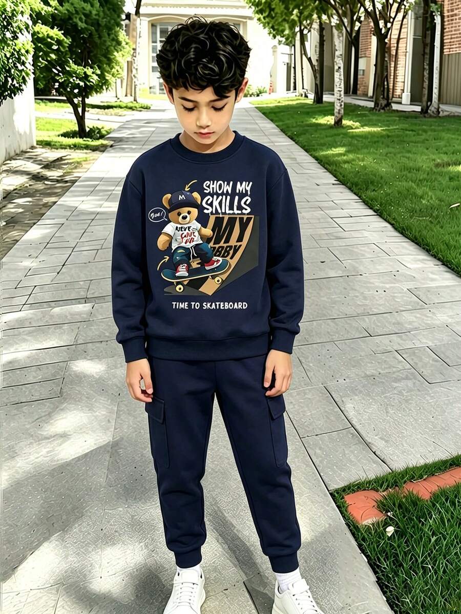 Conjunto casual de sudadera de cuello redondo con estampado de dibujos animados y pantalones de chándal para niño pequeño - azul real - Ver 1