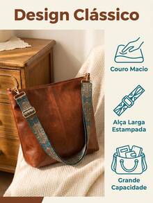 Bolsa Balde Feminina PU de Alta Qualidade, Alça Larga Estampada Ajustável, Estilo Street Casual para Uso Diário bolsas feminina transversal bolsas feminina bolsa bolsa transversal - Castanho - Visão 3