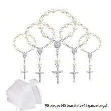 30/60/90pcs/Set Rose Rosary Bracelet, Acrylic 3D Rose Bead Bracelet, Beaded Small Bracelet With Organza Bag, Suitable For Baptism Gifts, First Communion Gifts, Party Favors, Wedding And Other Celebrations 30 To 90pcs - Golden - View 18