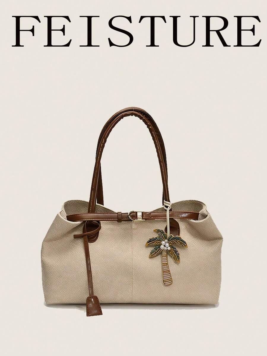 1 pieza Bolso de paja de gran capacidad con decoración de correa FEISTURE, bolso de hombro para vacaciones en la playa con colgante