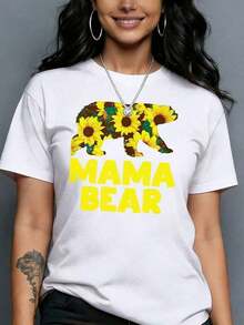 100% Cotton ["Cozy Comfort, Chosen" T-Shirt] "Chosen" Graphic T-Shirt With A Soft, Relaxed Fit | Casual Black With A Mama Bear And Sunflower Print, Short Sleeves, Crew Neck, Ideal For Spring And Summer. Made Of Pure Cotton, This T-Shirt Is Soft And Comfortable Against The Skin. - 白色的 - 查看 1