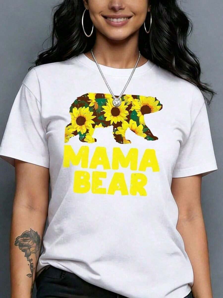 100% Cotton ["Cozy Comfort, Chosen" T-Shirt] "Chosen" Graphic T-Shirt With A Soft, Relaxed Fit | Casual Black With A Mama Bear And Sunflower Print, Short Sleeves, Crew Neck, Ideal For Spring And Summer. Made Of Pure Cotton, This T-Shirt Is Soft And Comfortable Against The Skin. - 白色的 - 查看 1