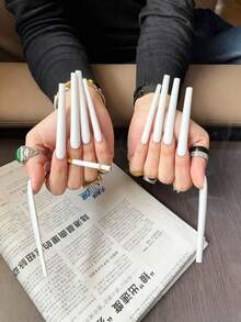 10片手工白色10cm超長芭蕾形假指甲，美甲用品，可重複使用，易貼易卸，適合女性日常佩戴、派對、婚禮與節日，附果凍膠、指甲锉及其他美甲工具，手工穿戴甲 - 白色 - 查看 2