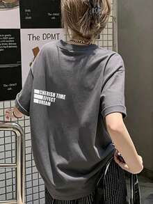 Kaos Wanita Lengan Pendek Kerah Bulat Longgar Serbaguna Minimalis dengan Cetakan Huruf, Kasual Musim Semi/Panas - Dark Grey - View 2
