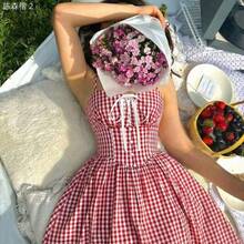 xuehuamaoyi02  MOD Vestido midi de estilo romántico y campestre a cuadros rojos y blancos - Celeste - Ver 6