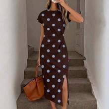 Nana's Women's Clothing Store  Vestido midi elegante sin mangas con abertura alta y cintura fruncida con estampado de lunares en marrón y azul, vestido de punto de textura casual y ajustado para mujer, conjunto de fitness para mujer, vestido de invitada de boda para mujer, ropa de oficina para mujer - Multicolor - Ver 2