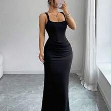 Nuevo vestido de verano sexy, vestido negro, vestido de sirena con cuello cuadrado francés, adorno de falso hueso, diseño de drapeado en la cintura, vestido de cola de pez, vestido para invitada de boda, adecuado para vacaciones, citas, fiestas, San Valentín, bodas . - Verde Oscuro - Ver 5
