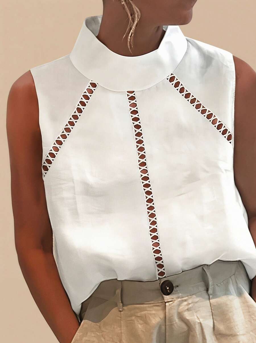 Plus Size Women Solid Color Sleeveless High Neck Loose Lace Trim Blouse White Summer - White - View 1