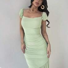 Vestido ajustado de mujer con volantes, cintura anudada y malla verde elegante, adecuado para fiestas, vacaciones, festivales de música, temporada de bodas, brunch, Día de San Patricio, vestidos largos bohemios para mujeres, Fairycore, atuendos de vacaciones, vestidos de graduación, atuendos de playa, atuendos de aeropuerto AG - Verde - Ver 7