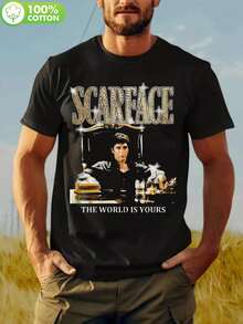 Camiseta gráfica negra de  para hombres - Diseño "El mundo es tuyo", camiseta de algodón de cuello redondo para uso casual y al aire libre, perfecta para el verano, camiseta de playa| Camise - Negro - Ver 1
