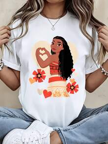 Disney Women Casual Short Sleeve T Shirt  Moana Heart Design Black Print For Valentine Day And Everyday Wear - 白色 - 查看 1