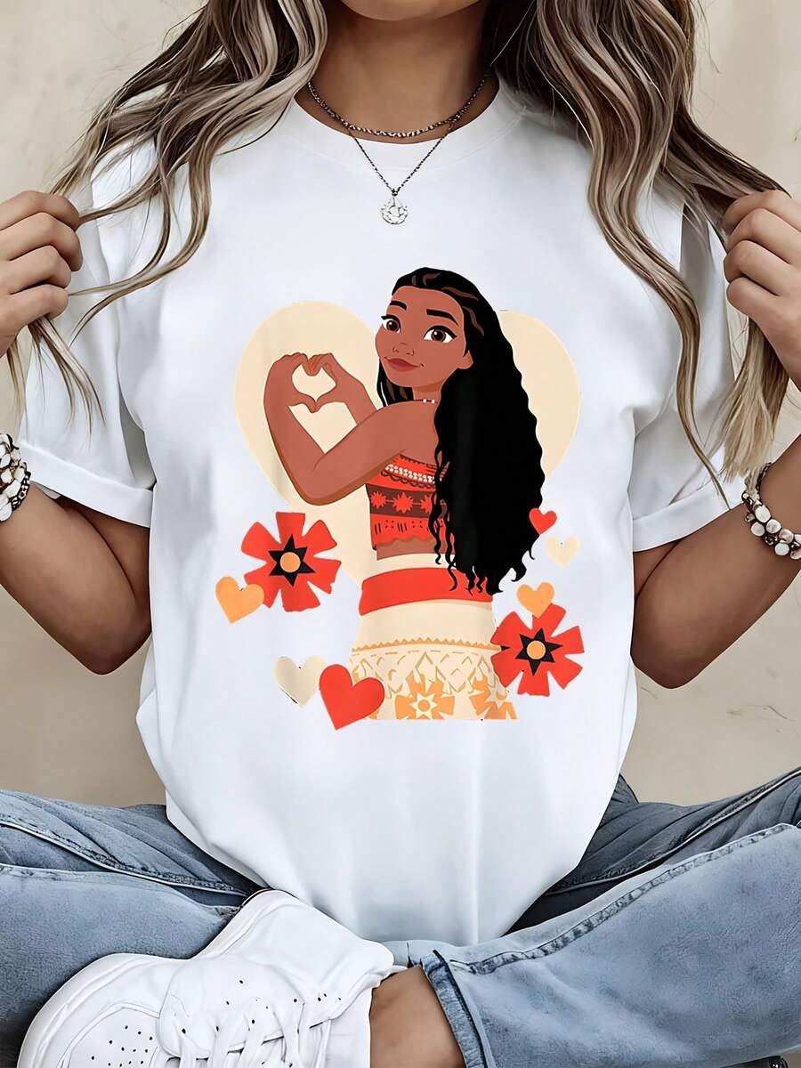 Disney Women Casual Short Sleeve T Shirt  Moana Heart Design Black Print For Valentine Day And Everyday Wear - 白色 - 查看 1