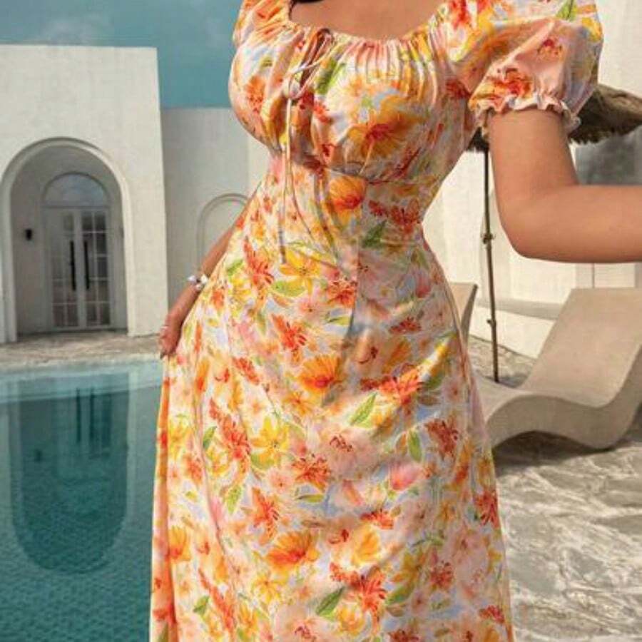 yonghongmaoyi1  Vestido largo con cuello cuadrado, mangas abultadas y fruncido, estilo coreano, con estampado floral naranja, para mujer. Vestido largo y ajustado, ideal para vacaciones, uso diario y streetwear de verano. - Amarillo claro - Ver 1