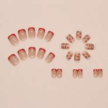 24 piezas de pegatinas de uñas cuadradas cortas de estilo francés con cerezas minimalistas, con 1 botella de pegamento para uñas y 1 lima de uñas, adecuado para uso diario y como suministros de uñas para regalar a amigas - Multicolor - Ver 3