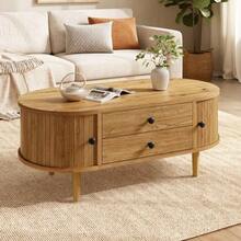 Oval Coffee Table In MDF With Vertical Slats, Sliding Doors And 2 Drawers. - Natural Color - View 5