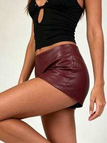 Womens Mini PU Leather Shorts Casual Stylish Solid Color Zip Side Mid Rise Shorts For Daily Life Party And More - Burgundy - View 3
