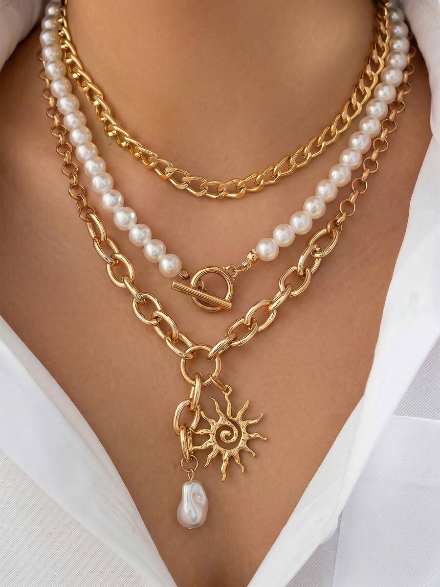 3pcs Fashion Metallic Sun Pendant OT Clasp Necklace Set, Minimalist Pearl Multi-Layer Choker Chain, Suitable For Parties, Holidays, Gifts For Friends And Family, Daily Wear And Commuting - Gold - View 1