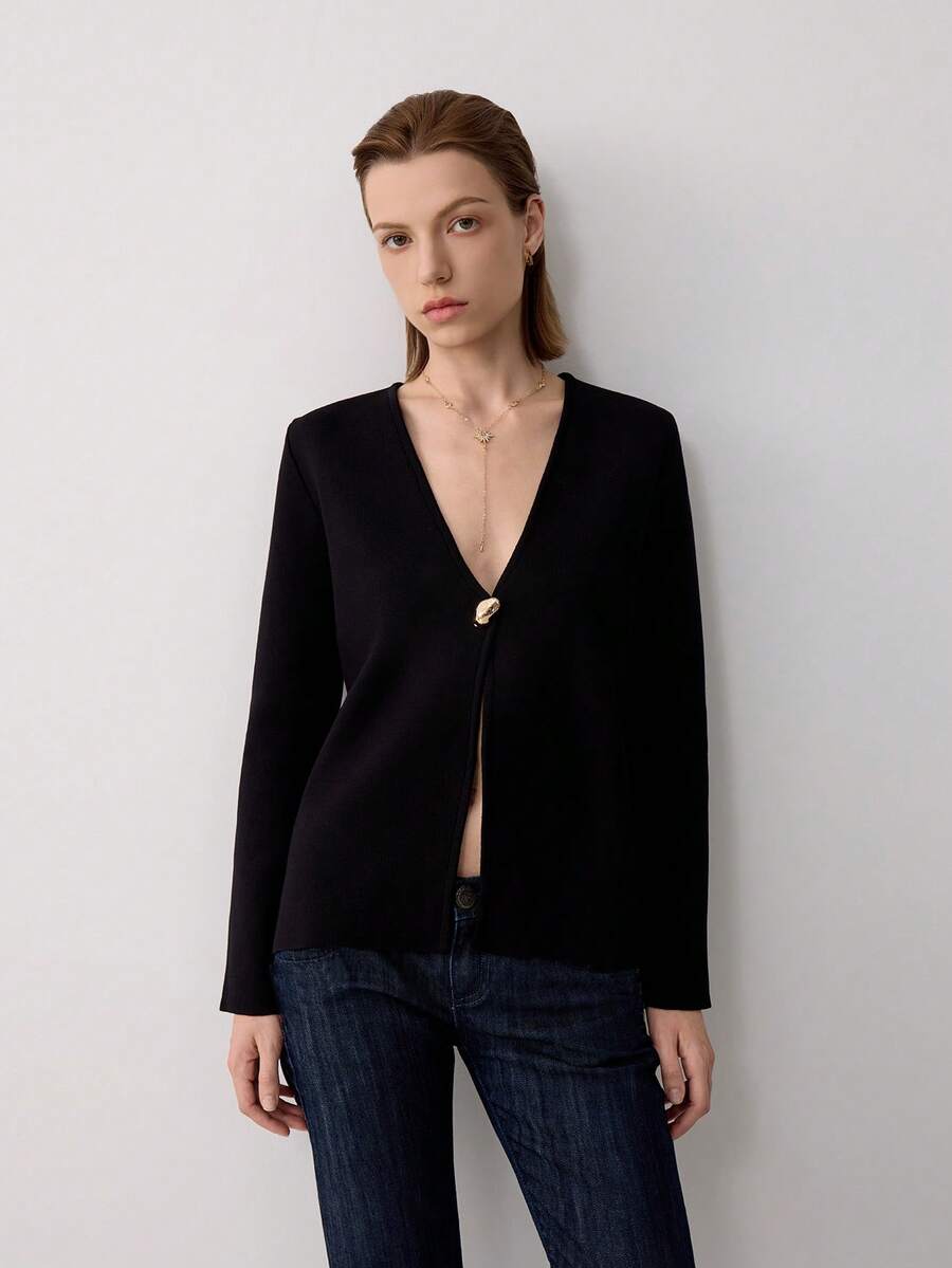 Casual Versatile Simple Solid Color Knitted Cardigan Black - Black - View 1