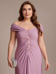 EVERPRETTY Elegante vestido largo formal de talla grande para mujer en color rosa loto, con cuello en V y patchwork bordado, encantador vestido formal sin mangas para la madre de la novia, adecuado para fiestas nocturnas, bodas y ocasiones formales - Rosa vieja - Ver 5