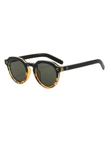 1 Pair Men's Round Frame Rivet Contrast Color Fashion Personalized Retro Fishing Cycling Fashion Glasses - Black On Top, Leopard Print On the Bottom - View 2