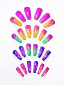 24 pezzi Unghie finte a righe di lunghezza media multicolore alla moda, punte per manicure estive eleganti e minimaliste con colore solido e sfumato, facili da applicare e rimuovere, unghie press-on riutilizzabili per viaggi, feste, eventi e vacanze - Multicolore - Visualizzare 5