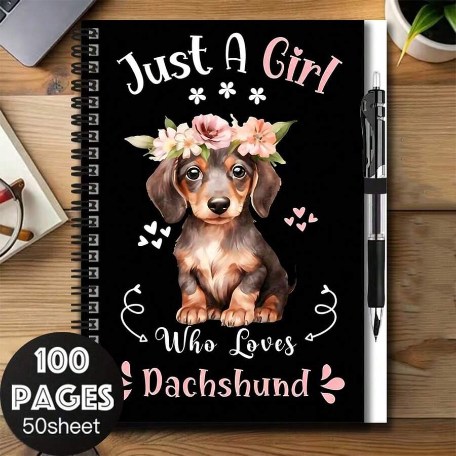 1 Set Cute Dachshund Pattern Spiral Coil Notebook With Pen! "Just A Girl Who Loves Dachshund" Text Eye-Catching. 100 Pages (50 Sheets), Great Helper For Work And Study, Suitable For Diary, Planning, And School. Excellent Choice For Graduation Gifts, Birthday Gifts, And Daily Notes! - Option a + 1 Pen - View 1