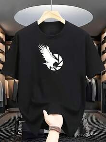 New Versatile And Stylish Short-Sleeved Casual T-Shirt Made Of 100% Cotton With A Printed Design - Modern Men's T-Shirt With An Eagle Print And Geometric Pattern - Breathable Black And White Casual T-Shirt For Fitness, Office, And Everyday Wear - Crew Neck T-Shirt With A White Eagle Emblem, Machine Washable, Makes A Great Gift For Men - Unisex Style. - 藏青色 - 查看 7