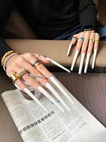 10片手工白色10cm超長芭蕾形假指甲，美甲用品，可重複使用，易貼易卸，適合女性日常佩戴、派對、婚禮與節日，附果凍膠、指甲锉及其他美甲工具，手工穿戴甲 - 白色 - 查看 14