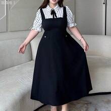 yonghongmaoyi1 Vibekara Vestido midi de línea A elegante y vintage casual con cuello vuelto, manga corta, botones de contraste de color y lunares para mujer de talla grande - Blanco y Negro - Ver 5