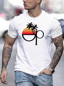Camiseta Casual de Manga Corta para Hombre, Logo Op , Patrón Geométrico, Cuello Redondo, Estilo de Moda de Verano de Poliéster Ligero, Adecuada para Uso Diario y Casual - Negro - Ver 1