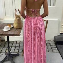 Nana's Women's Clothing Store  Vestido largo con cuello en V profundo, espalda descubierta y cintura con lazo en estilo línea A, elegante para mujeres en primavera/verano, boda, fiesta, minimalista, casual, uso diario - Rosa - Ver 3