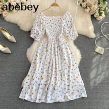 2026 moda nuevo verano estampado de flores vestido largo mujeres Vintage cuello cuadrado acanalado pecho vestido veraniego dividido Vestidos de - Rosa - Ver 3