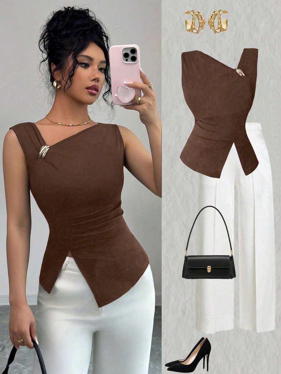 Elenzya Women's Minimalist Sleeveless Solid Color Top For Everyday Wear - Whole Grain Coffee - View 1