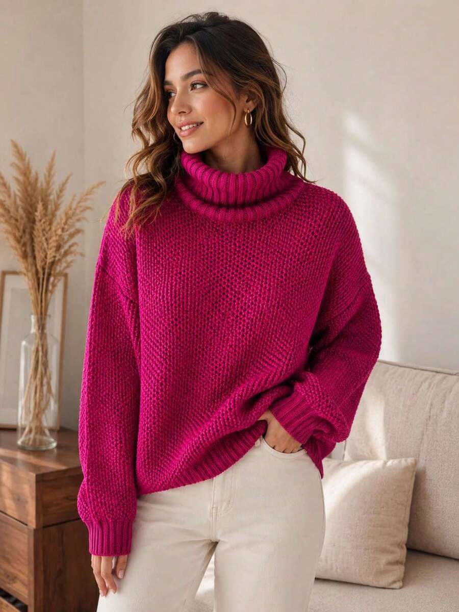 Women's Oversized Turtleneck Knit Sweater, Elegant Casual Long-Sleeve Winter Blouse, Warm And Comfortable Knit Fabric - 紅色 - 查看 1