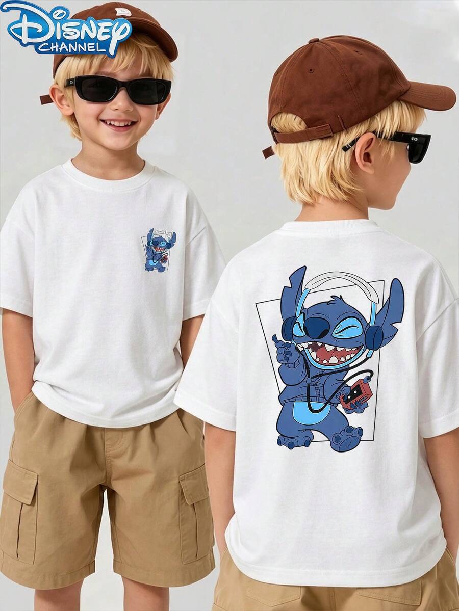 Disney 1 Piece Boys Casual Lilo & Stitch Music Lover 2 Side Print Graphic Short Sleeve T Shirt Teen Boy Clothes Boys Clothes Shirts Baby Tee For Daily Summer - White - View 1