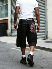 Men Six-Point Shorts Retro Cherry Blossom Embroidered Loose Wide-Leg Denim Jeans With Fake Pockets In Back - Black - View 3