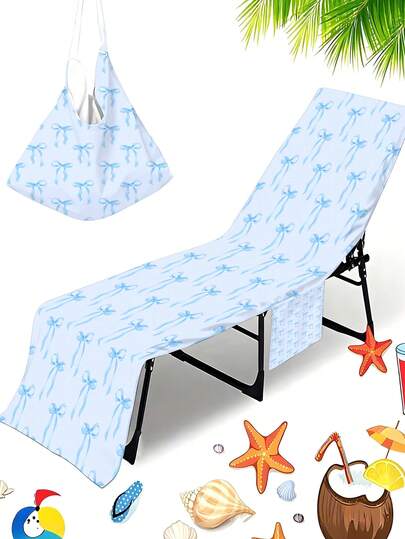 1 chiếc bọc ghế vườn cao cấp in phẳng 2D, bọc ghế bãi biển gấp gọn, phù hợp cho nghỉ ngơi bãi biển và dã ngoại trên cỏ, họa tiết nơ xanh