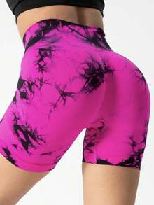 3 Pack High Waisted Tie Dye Workout Shorts For Women, Seamless Bum Scrunch Yoga Shorts Tummy Control Compression Shorts - 黑色灰色玫紅色 - 查看 11