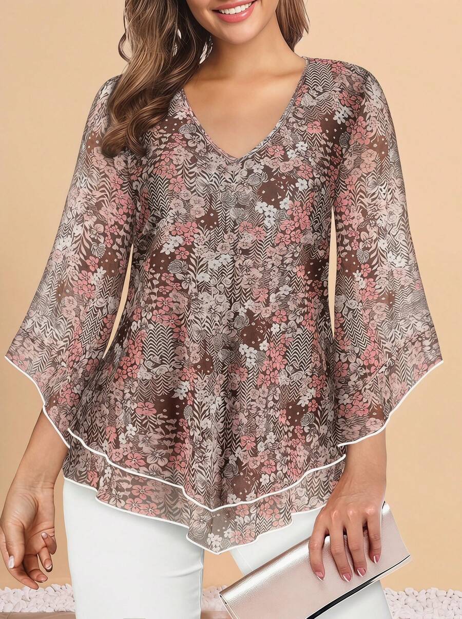 Voworia Plus Size Women Elegant Blouse, V-Neck Double-Layer Elastic Mesh Casual Flowy Work Shirt With Ruffle Hem And 3/4 Bell Sleeves Vacation - Multicolor - View 1