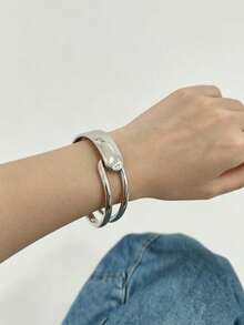 3pcs/1pc Set Fashion Minimalist Style Metal Geometric Wave Bamboo Joint Asymmetrical Shaped Women's Bracelet Set, Chunky Smooth Metal Bracelet Set - Bright - View 3