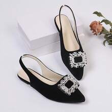 Velvet Rhinestone Square Buckle Pointed Toe Slingback Flat Shoes, French Elegant Low Vamp Flat Ballet Shoes Solid Color Fashion Rhinestone Women's Flat Shoes Wedding Spring Autumn - Black - View 1