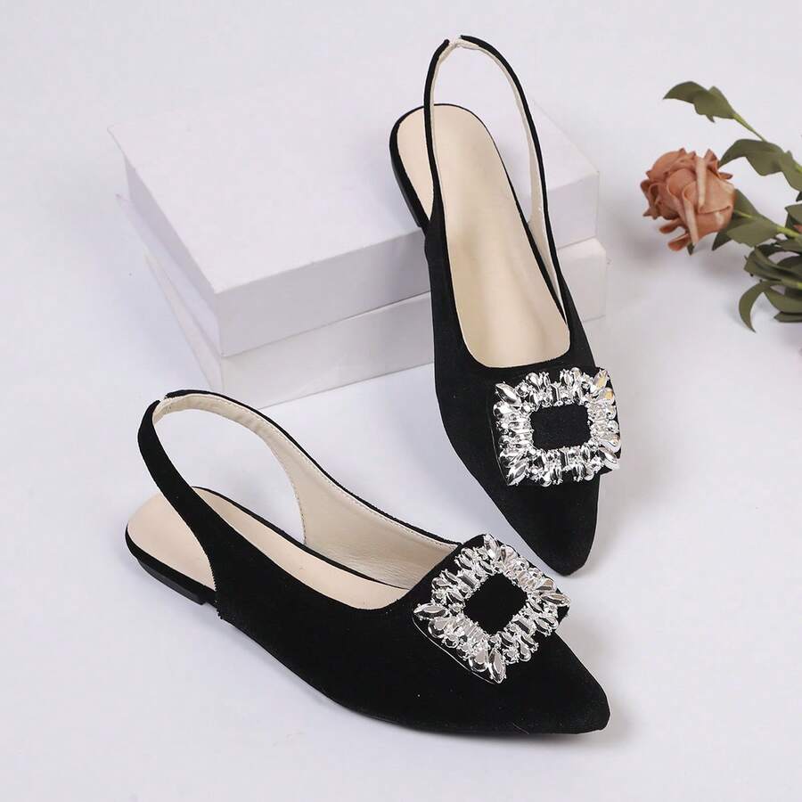 Velvet Rhinestone Square Buckle Pointed Toe Slingback Flat Shoes, French Elegant Low Vamp Flat Ballet Shoes Solid Color Fashion Rhinestone Women's Flat Shoes Wedding Spring Autumn - Black - View 1