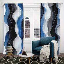 2PCS Geometric Abstract Curtains, Blue Abstract Wavy Lines Simple Curtains, Polyester Fiber, Pole Pocket Design, Privacy Protection, UV Protection, Room Decoration, Home Decoration, Versatile Decorative Curtains - Multicolor - View 7