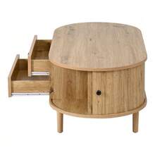 Oval Coffee Table In MDF With Vertical Slats, Sliding Doors And 2 Drawers. - Natural Color - View 8