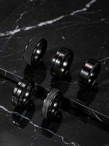 5pcs Fashion Minimalist Stainless Steel Men's Black Ring Set With Matte & Mesh Elements, Suitable For Men's Daily Wear And Holiday Accessories - Black - View 2
