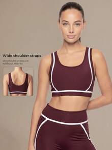 Women's Colorblock Trim High-Support Fitness Training Sports Bra, Push-Up Open Back Yoga Bra - Red Violet - View 3