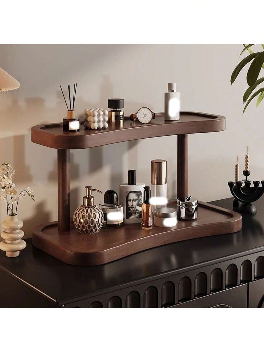 1pc Vintage Solid Wood Desktop Organizer, Double Layer Storage, High-End Multifunctional Shelf, Tea Cup Water Cup Coffee Cup Holder, Kitchen Storage Rack, Spice Rack, Cosmetic Organizer, Home Decor And Display Shelf, Suitable For Kitchen - Multicolor - View 1